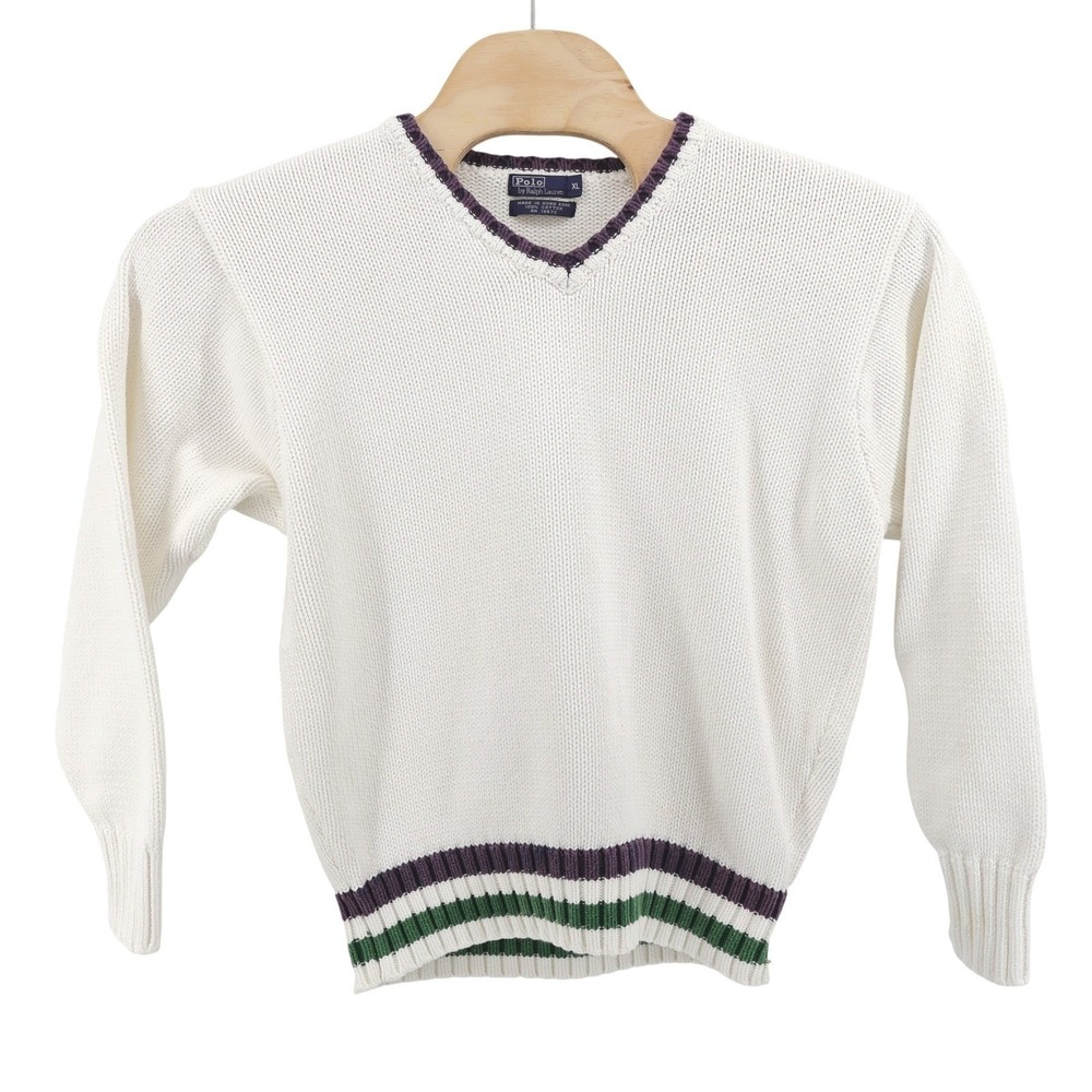 Polo Ralph Lauren Cricket V-Neck Sweater White Long Sleeve‎ Mens XL